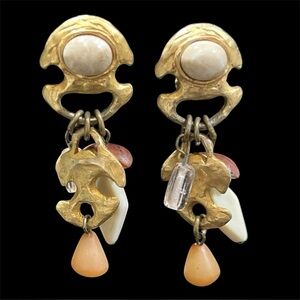 Kate Hines Brushed Goldtone Organic Dangling Vintage Clipon Jewelry Earrings